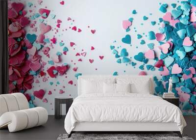   Confetti-strewn white surface with heart-shaped pink and blue decorations Wall mural