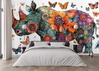   Rhino in bloom, butterflies surrounding Wall mural