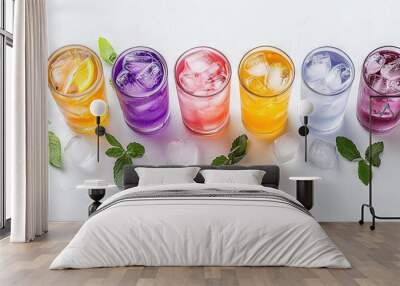   Row of diverse-colored glasses brimming with unique drinks & fresh mint leaves on a white background Wall mural