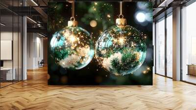   Two Christmas baubles hang from a tree with snowflakes in the background Wall mural