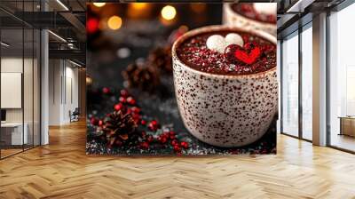   Two mugs of hot chocolate with hearts on them are placed on a black table, surrounded by Christmas decorations featuring red and white colors Wall mural