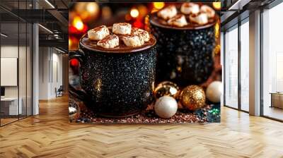  Two mugs of hot cocoa with marshmallows on a holiday-decorated table under twinkling lights Wall mural