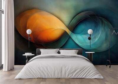   Two oranges and blue swirls on dark blue-green canvas with a black background Wall mural