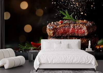   Two perfectly cooked steaks rest atop a black plate, garnished with fresh sprigs of rosemary Wall mural