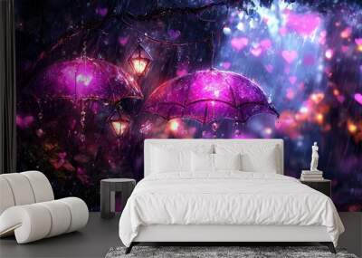   Two purple umbrellas with hearts on the ground are seen in the rain, while a street light stands in the background Wall mural