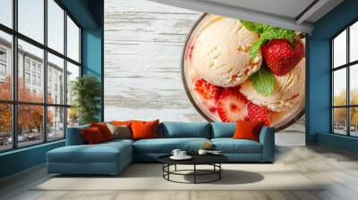   Two scoops of ice cream on a white wooden table with strawberries and mint on a white wooden background Wall mural