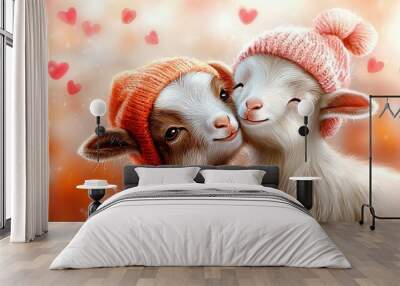   Two sheep stand together in front of a heart painting on a red-orange background Wall mural