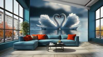   Two swans forming a heart shape with their intertwined necks over a tranquil lake surrounded by cloudy skies Wall mural