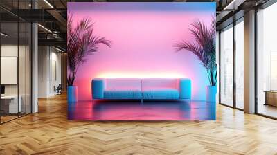   White couch near two tall palm trees; pink-blue background light Wall mural