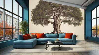 A tree with exposed roots , showcasing its connection to the earth beneath. Wall mural