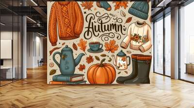 A whimsical set of hand-drawn autumn elements featuring vibrant leaves, acorns, and pumpkins, perfect for fall-themed designs. Wall mural