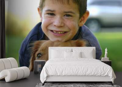 boy hugging dog Wall mural