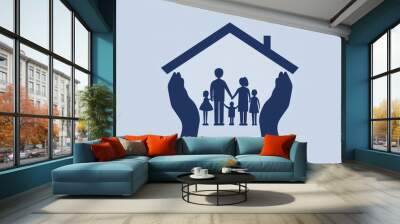 Family insurance concept. Family protected by hands. Wall mural