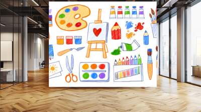 Felt pen vector illustrations collection of child drawings of art supplies Wall mural