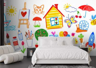 Felt pen vector illustrations set of child drawings. Art supplies, animals and nature Wall mural