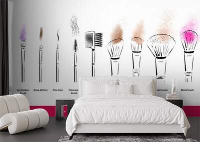 Hand drawn vector set of makeup brushes kit Wall mural