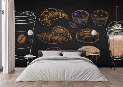 Takeaway Coffee cups and bakery desserts Wall mural