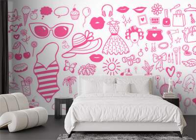 Vector illustration collection of summer vacation lifestyle isolated pink doodles Wall mural