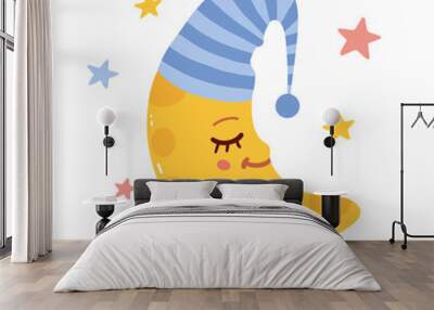 Vector illustration of cute Crescent Moon character wearing sleeping cap Wall mural