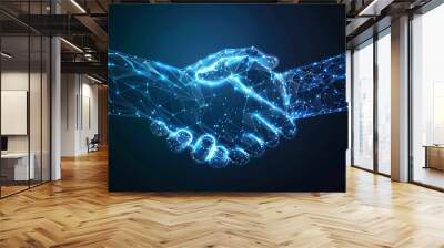 two wire-frame glowing hands, handshake, technology, business, trust concept  Wall mural