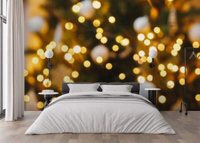 Christmas background. Rustic wood on background of christmas tree  lights golden bokeh. Space for text. Decorated tree glowing in festive scandinavian room. Atmospheric christmas eve. Happy holidays Wall mural