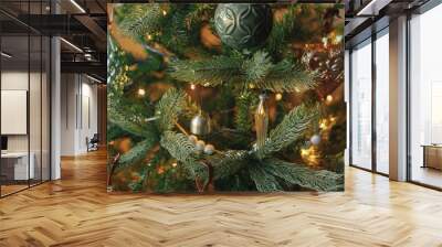 Christmas tree with vintage baubles and golden lights. Modern decorated christmas tree branches with stylish ornaments close up in festive room. Winter holidays preparation Wall mural