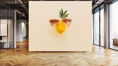 lemon in stylish sunglases with palm leaf on pastel yellow paper trendy background, vacation flat lay. modern summer flat lay concept, with space for text. funny and juicy abstract Wall mural