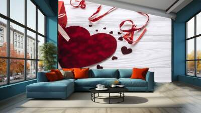 stylish velvet hearts with ribbon on rustic white wooden backgro Wall mural