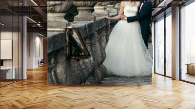 wedding couple hugging on background of old castle. elegant bride and groom gently embracing. man in classic suit with bow tie and woman in white dress with pearls. space for text. Wall mural