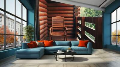 wooden chair on porch of cabin among woods. cottage balcony with view on forest in mountains. atmospheric moment. summer vacation. rural country relax time Wall mural