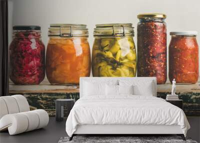 Autumn seasonal pickled or fermented vegetables in jars placed in row over vintage kitchen drawer, white wall background, copy space. Fall home food preserving or canning Wall mural