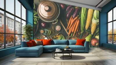 Fall healthy cooking background. Ingredients for Thanksgiving day dinner. Flat-lay of beans, corn corn, carrot, tomatoes, eggplants, fruits and fallen leaves over wooden table, top view Wall mural