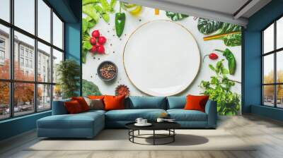 Fresh raw greens, unprocessed vegetables and grains over light grey marble kitchen countertop, wtite plate in center, top view, copy space. Healthy, clean eating, vegan, detox, dieting food concept Wall mural