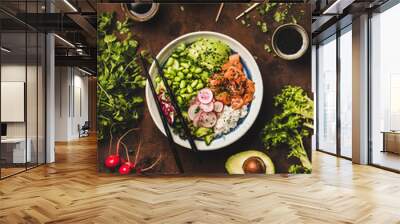 Healthy lunch, dinner. Flat-lay of salmon poke bowl or sushi bowl with various vegetables, greens, sushi rice, soy sauce over rusty table background, top view. Traditional Hawaiian, clean eating food Wall mural