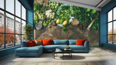 Spring healthy vegan food cooking ingredients. Flat-lay of vegetables, fruit, seeds, sprouts, flowers, greens over rustic wooden background, top view, copy space. Clean eating food concept Wall mural