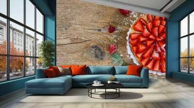 Strawberry cheesecake on a wooden background Wall mural