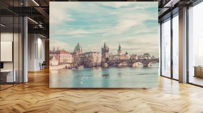 The view over the Vltava river, Charles bridge and white swans f Wall mural