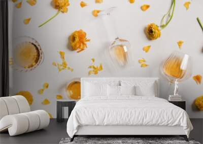 Trendy Orange or Amber wine and yellow flowers, wide composition Wall mural