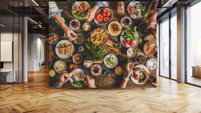 Turkish breakfast. Flat-lay of family eating pastry, vegetables, greens, cheeses, fried eggs, jams from oriental tableware, tea in copper pot and tulip glasses over rustic wooden background, top view Wall mural