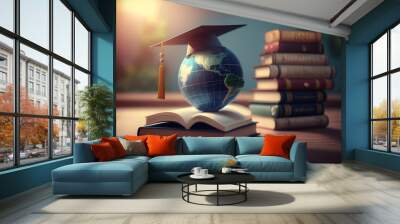 Graduation cap with Earth globe. Concept of global business study, abroad educational, Back to School. Education in Global world, Study abroad business in universities in worldwide. Wall mural