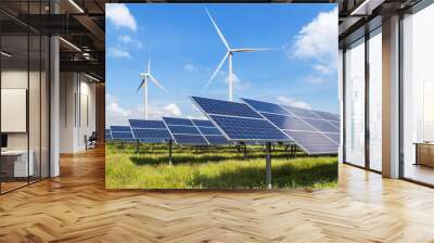 solar panels and wind turbines generating electricity in power station green energy renewable with blue sky background  Wall mural