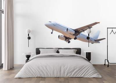 white commercial passenger airplane flying take off isolated on white background Wall mural