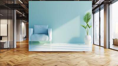 A chic and stylish apartment with a blue color scheme, showcasing minimalist design elements and modern furnishings. The image provides plenty of copy space for customization. Wall mural