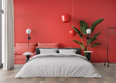 A contemporary bedroom in shades of red, designed in a minimalist style with clean lines and modern furniture. The image provides ample copy space for adding text or graphics. Wall mural