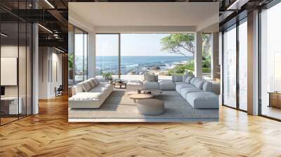 A serene coastal living room with minimalist furnishings and decor, creating a peaceful retreat by the sea. The image provides ample copy space for adding text or graphics. Wall mural