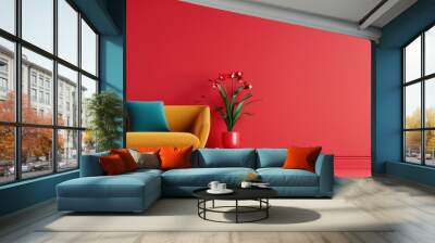 A sophisticated apartment featuring a bold red color palette, with minimalist furnishings and a clean, uncluttered layout. The image provides ample copy space for adding text or graphics. Wall mural