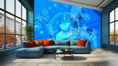 Net zero concept. AI, machine learning, robot hand touching. Net zero icon represents exchange of artificial intelligence .Carbon affects global warming. Innovative ideas to reduce carbon emissions Wall mural