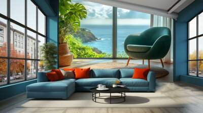 Detail of a living room with a sea view on a sunny day, green pastel armchair and carpet on the left, large window, peaceful and quiet ambiance Wall mural