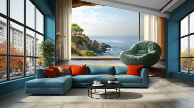 Living room detail with large window and sea view, green pastel armchair and carpet on the left, sunny and serene atmosphere Wall mural