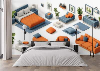 Modern interior furniture set in 3D isometric cartoon style featuring a bed, armchair, and sofa on a white background. Wall mural